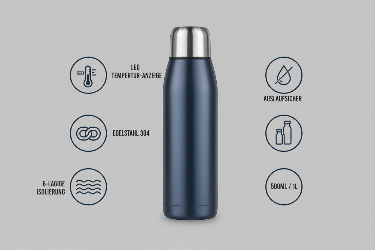 Thermoskanne mit LED-Temperaturanzeige - Edelstahl 304, 500ml/1L