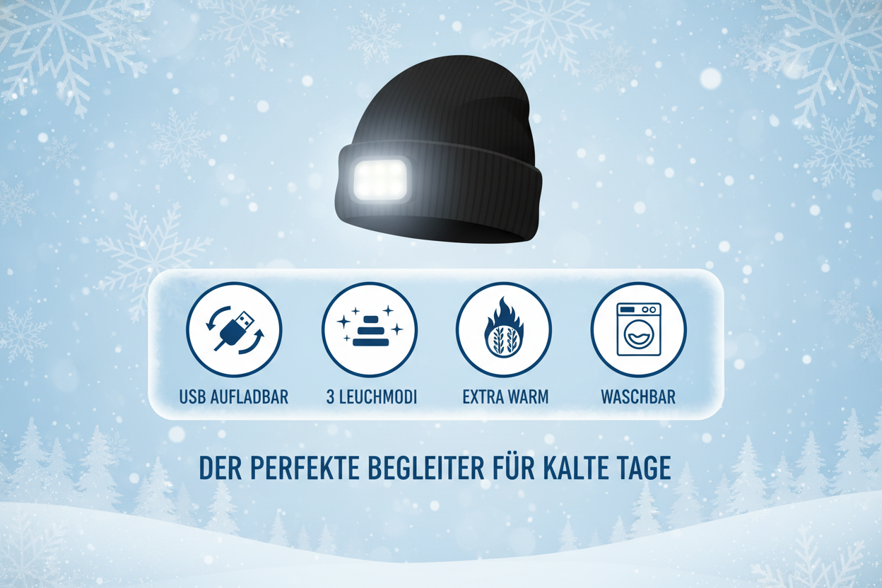 Winter-Mütze mit LED-Licht - Wiederaufladbar, Warm, Stirnlampe integriert