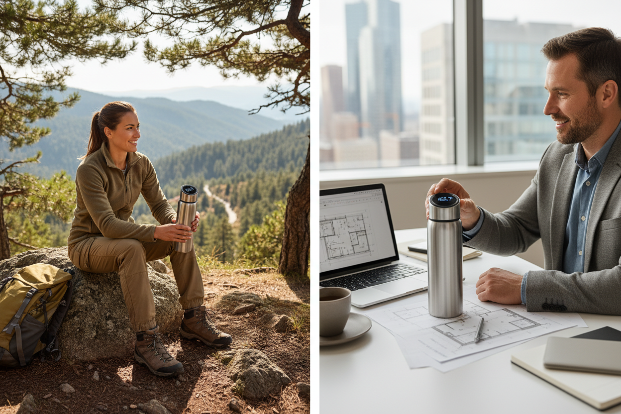 Thermoskanne mit LED-Temperaturanzeige - Edelstahl 304, 500ml/1L