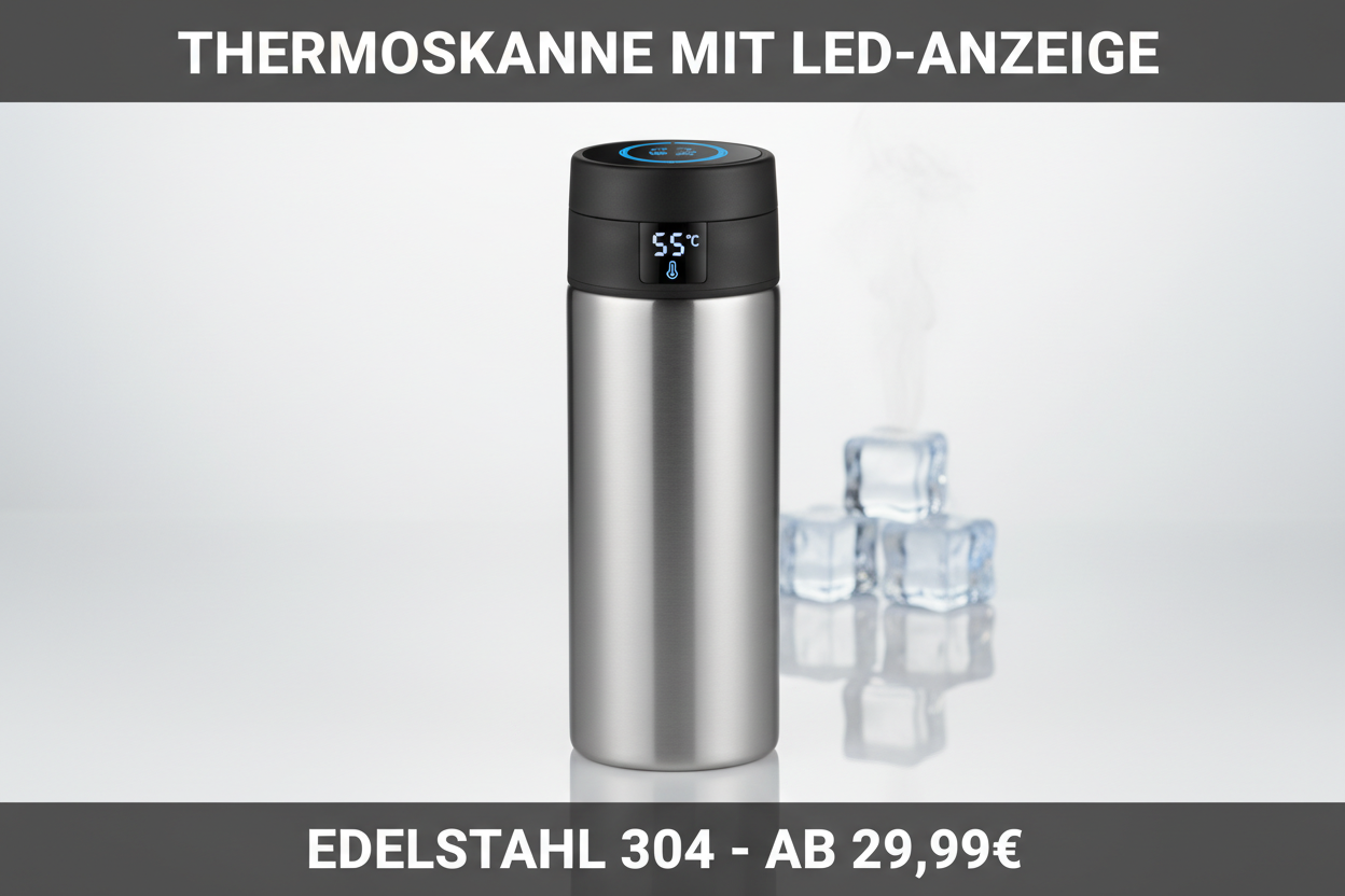 Thermoskanne mit LED-Temperaturanzeige - Edelstahl 304, 500ml/1L